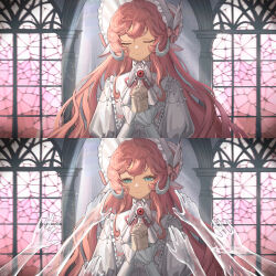 Rule 34 | 1girl, absurdres, alternate costume, aqua eyes, arched window, bonnet, bow, closed eyes, closed mouth, curled horns, disembodied hand, dress, eyeball, facing viewer, gloves, hands up, hat, hat bow, highres, horns, interlocked fingers, jiaolu chongzu, juliet sleeves, lace, lace gloves, long hair, long sleeves, looking at viewer, low horns, nautika (reverse:1999), neck ribbon, own hands together, pink bow, pink hair, pink ribbon, praying, puffy sleeves, reverse:1999, ribbon, see-through body, smile, solo, stained glass, upper body, white dress, white hat, white horns, window