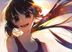 Rule 34 | 1girl, black eyes, black hair, chromatic aberration, collarbone, floating hair, head tilt, kumazaki karen, light rays, long hair, looking at viewer, open mouth, ponytail, portrait, red tank top, saibou shinkyoku, smile, solo, sueon00, tank top
