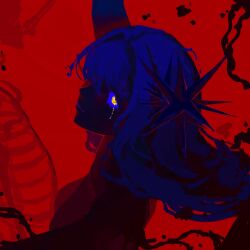 1girl arcana_(reverse:1999) black_liquid blue_hair blue_sclera breasts colored_sclera colored_tears eyed_silhouette hegai highres long_hair looking_at_viewer medium_breasts red_background reverse:1999 silhouette skeleton solo upper_body wand_in_head yellow_eyes