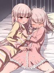 2girls blush closed_eyes commentary_request full-face_blush highres hime_cut incest long_hair lying magia_record:_mahou_shoujo_madoka_magica_gaiden mahou_shoujo_madoka_magica multiple_girls on_back on_bed red_eyes sakaemdg siblings sisters sleepwear smile speech_bubble tamaki_iroha tamaki_ui translation_request yuri