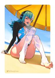1girl absurdres ass blue_hair breasts cleavage genjiruu highres large_breasts long_hair looking_at_viewer luna_snow luna_snow_(cool_summer) marvel marvel_rivals multicolored_hair official_alternate_costume one-piece_swimsuit smile solo split-color_hair sunglasses swimsuit two-tone_hair white_hair