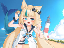 1girl absurdres animal_ears beach blonde_hair blue_eyes blush bow cat_ears day fang fins fish_tail hair_bow highres indie_virtual_youtuber long_hair looking_at_viewer multicolored_hair ocean open_mouth sameko_saba sand shark_tail sky smile solo solo_focus streaked_hair tail user_cutg4354 virtual_youtuber