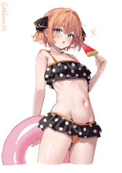 1girl bare_arms bare_shoulders bikini black_bikini black_ribbon blue_eyes blush brown_hair commentary_request cropped_legs ebifurya food groin hachijou_(kancolle) hair_between_eyes hair_intakes hair_ribbon hand_up highres holding holding_food holding_swim_ring innertube kantai_collection looking_at_viewer navel parted_lips polka_dot polka_dot_bikini popsicle ribbon short_hair simple_background solo swim_ring swimsuit twitter_username watermelon_bar white_background