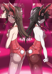 Rule 34 | 2girls, absurdres, abyssal ship, animal ears, ass, back-to-back, black hair, blindfold, bow, bowtie, brown eyes, brown hair, covered eyes, embarrassed, forehead protector, grey pantyhose, heart lock (kantai collection), highres, jintsuu (kancolle), jintsuu kai ni (kancolle), kantai collection, leotard, light cruiser princess, long hair, multiple girls, pale skin, pantyhose, playboy bunny, rabbit ears, rabbit tail, red bow, red bowtie, red leotard, side-tie leotard, spotlight, strapless, strapless leotard, tail, tsuji kazuho, wrist cuffs