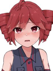 1girl ahoge blush close-up detached_sleeves drill_hair kasane_teto kasane_teto_(utau) looking_at_viewer open_mouth red_eyes red_hair shirt simple_background sleeveless solo tears tu_gumi twin_drills utau white_background