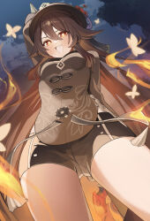 Rule 34 | 1girl, black shorts, brown hair, chinese clothes, flower, flower-shaped pupils, from below, genshin impact, gya (144), hat, hat flower, hat tassel, highres, hu tao (genshin impact), long hair, long sleeves, plum blossoms, porkpie hat, red eyes, short shorts, shorts, smile, solo, symbol-shaped pupils, twintails