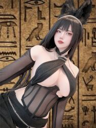 Rule 34 | 1girl, animal ears, black hair, breasts, brown eyes, chain, cleavage, egyptian, fake animal ears, highres, japanese (nationality), long hair, necktie, real life, see-through clothes, see-through shirt, see-through sleeves, shirt