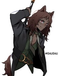 Rule 34 | 1boy, animal ears, arm up, basilio (metaphor: refantazio), black coat, braid, brown hair, closed mouth, coat, collarbone, collared coat, commentary, cropped legs, dark-skinned male, dark skin, english commentary, green shirt, highres, holding, holding weapon, looking up, male focus, medium hair, metaphor: refantazio, neck ribbon, open clothes, open coat, red eyes, ribbon, sanpaku, scar, scar across eye, scar on face, shirt, shushu (shushu74547072), side braids, simple background, smile, solo, tail, weapon, weapon on back, white background, wing collar