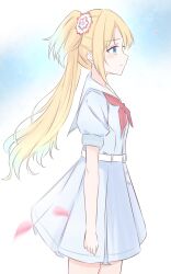 1girl absurdres blonde_hair blue_background blue_dress blue_eyes blue_hair closed_mouth commentary cowboy_shot dress falling_petals flower from_side frown hair_flower hair_ornament hasu_no_sora_school_uniform highres iroha_(nami3) link!_like!_love_live! love_live! neckerchief osawa_rurino parted_bangs petals pink_flower pleated_dress profile puffy_short_sleeves puffy_sleeves red_neckerchief sailor_collar sailor_dress school_uniform short_dress short_sleeves solo standing summer_uniform virtual_youtuber white_sailor_collar