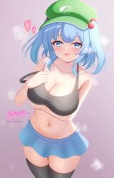blue_hair breasts cleavage collarbone commentary_request crop_top flat_cap front_ponytail green_hat hair_bobbles hair_ornament hat highres hyakuya_iori kawashiro_nitori looking_at_viewer miniskirt short_hair skirt smile sweat thighhighs touhou two_side_up undressing