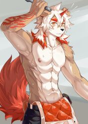 1boy abs arknights arm_tattoo bara colored_tips ff1162167867 furry furry_male hashtag-only_commentary highres holding holding_tool holding_wrench horns hung_(arknights) komainu_boy komainu_ears komainu_tail looking_at_viewer male_focus multicolored_hair muscular muscular_male navel nipples notice_lines orange_eyes pectorals single_horn smile sweat tattoo topless_male very_sweaty wrench