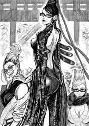 3girls ass ayase_seiko bayonetta bayonetta_(series) birthmark bodysuit breasts chain cigarette dandadan glasses long_hair mature_female medium_breasts monochrome multiple_girls nipples very_long_hair