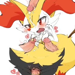 1girl absurdres animal_ear_fluff animal_ears animal_nose animal_pussy arm_up armpit_sex black_fur blush body_fur braixen canine_pussy cowboy_shot cum cum_on_body cum_on_chest disembodied_penis embarrassed erection facial flat_chest fox_ears fox_girl fox_tail furry furry_female furry_with_non-furry gen_6_pokemon groin hand_up heart hetero highres interspecies multicolored_fur naizuri neck_fur nintendo open_mouth paizuri penis penis_on_head penis_under_another&#039;s_clothes pokemon pokemon_(creature) precum pussy pussy_juice red_eyes red_leopard sex sideways_mouth simple_background snout solo_focus standing stick surrounded_by_penises tail trembling vaginal white_background white_fur wide_hips yellow_fur