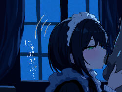 Rule 34 | 1boy, 1girl, assertive female, black hair, breasts, fellatio, head out of frame, highres, maid, medium breasts, night, oral, original, penis, window