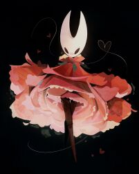 1girl arthropod_girl black_background black_eyes black_skin blank_eyes cloak clothes_lift colored_skin dress dress_lift full_body heart highres hollow_eyes hollow_knight hornet_(hollow_knight) looking_at_viewer red_cloak salamitown simple_background solo standing