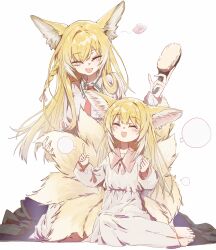 2girls :d ^_^ absurdres animal_ear_fluff animal_ears arknights barefoot black_cloak blonde_hair blue_skirt blush bow braid breasts brushing_another&#039;s_hair brushing_hair chinese_commentary cloak closed_eyes collared_dress collared_shirt commentary curled_fingers dress dress_shirt eyelashes falling_petals fang flower fox_ears fox_girl fox_tail front-to-back full_body hair_between_eyes hair_bow hair_brush hair_over_shoulder hairdressing hands_up highres holding holding_hair_brush index_finger_raised long_hair medium_breasts mother_and_daughter multiple_girls multiple_tails necktie on_ground open_mouth petals pink_bow pink_flower pink_trim red_necktie sao7 shirt side_braid sitting skirt small_breasts smile speech_bubble suzuran_(arknights) tail talking toes unworn_cloak vulpisfoglia_(arknights) white_dress white_shirt yokozuwari