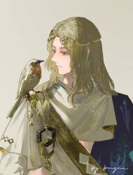 1boy 6_(reverse:1999) absurdres ancient_greek_clothes animal animal_on_shoulder artist_name bird bird_on_shoulder blonde_hair blue_eyes circlet greco-roman_clothes grey_background highres himation long_hair looking_at_animal male_focus profile qi_sanlun_shou_feipin reverse:1999 solo turning_head upper_body