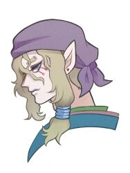 1boy blonde_hair blue_eyes closed_mouth commentary_request eyeshadow headscarf highres japanese_clothes kimono kusuriuri_(mononoke) makeup male_focus moko_eaka mononoke pointy_ears portrait profile purple_headscarf purple_lips red_eyeshadow short_eyebrows sidelocks simple_background solo white_background