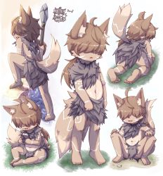 1boy all_fours animal_ears barefoot body_markings child eating facial_mark food food_on_face furry grass hair_over_eyes highres hithop jewelry loincloth male_focus navel necklace onigiri open_mouth original polearm sitting solo spear squatting standing tail tooth_necklace tribal weapon wolf_boy wolf_ears wolf_tail