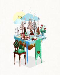 animal bare_tree building chair cold cup diorama faux_figurine floorplan food food_focus fork isometric issiki_toaki mug nature no_humans original outdoors saucer scenery sky snow syrup table tree under_table waffle winter