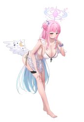 1girl absurdres apron barefoot bikini blue_archive blue_hair blush breasts cleavage closed_mouth collarbone commentary_request feathered_wings finger_to_mouth frilled_apron frills full_body gradient_hair hair_bun halo hand_on_own_knee highres large_breasts leaning_forward long_hair looking_at_viewer low_wings maid maid_bikini mika_(blue_archive) multicolored_hair navel o-ring o-ring_top pink_hair pink_halo purple_scrunchie scrunchie simple_background solo stomach swimsuit thigh_strap toriaki unconventional_maid very_long_hair waist_apron white_apron white_background white_bikini white_wings wings yellow_eyes