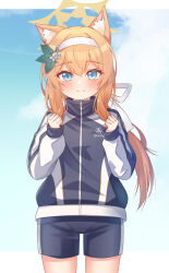 1girl absurdres animal_ear_fluff animal_ears black_jacket black_shorts blue_archive blue_eyes blue_sky border cat_ears clenched_hands cloud cloudy_sky gym_shorts hair_between_eyes hair_ribbon hairband halo hands_up highres hoshino_reiji jacket light_blush long_sleeves looking_at_viewer low_ponytail mari_(blue_archive) mari_(track)_(blue_archive) multicolored_jacket official_alternate_costume orange_hair orange_halo outside_border ponytail puffy_long_sleeves puffy_sleeves ribbon shorts sidelocks sky smile solo track_jacket two-tone_jacket white_border white_hairband white_jacket white_ribbon zipper