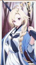 1girl ayame_(blue_archive) blonde_hair blue_archive bolt_action braid gun halo highres holding holding_gun holding_weapon kdu purple_eyes rifle single_braid smile solo weapon yellow_halo