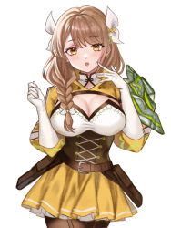 Rule 34 | 1girl, braid, braided ponytail, breasts, brown hair, corset, cosplay, elbow gloves, fire emblem, fire emblem engage, gloves, goldmary (fire emblem), highres, hooded top, large breasts, low ponytail, mole, mole on breast, nintendo, pantyhose, ponytail, ribbon, single shoulder pad, skirt, solo, white gloves, white ribbon, yellow eyes, yellow skirt, zqzbq
