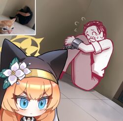 Rule 34 | 1boy, 1girl, :&lt;, absurdres, animal ear headwear, black jacket, black veil, blue archive, blue eyes, blush, cat girl, closed mouth, commentary, cuffs, doodle sensei (blue archive), english commentary, fake animal ears, flower, gag, hair flower, hair ornament, highres, improvised gag, jacket, long hair, mari (blue archive), meme, orange hair, sailor collar, sensei (blue archive), shackles, tape, tape gag, th3cr0ma, veil, white flower, white sailor collar