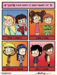 4boys 4girls alternate_art_style artist_name big_hero_6 closed_mouth commentary dated diane_(nanatsu_no_taizai) highres hiro_hamada hyuuga_hinata karmi king_(nanatsu_no_taizai) kyloroud95 looking_at_viewer marco_diaz multiple_boys multiple_girls nanatsu_no_taizai naruto_(series) open_mouth shiny_eyes signature smile spanish_commentary star_butterfly star_vs_the_forces_of_evil teeth the_loud_house the_loud_house_(style) uzumaki_naruto