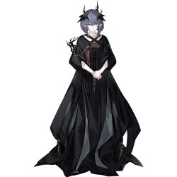 1boy androgynous arknights black_dress blue_hair dress full_body head_wings horns logos_(arknights) logos_(young)_(arknights) official_art pointy_ears red_eyes skade wings