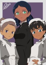 3girls apron black_dress black_hair blue_eyes border brown_hair commentary_request dark-skinned_female dark_skin double_bun dress fang frilled_apron frills green_eyes gundam gundam_gquuuuuux hair_bun highres kanchana lalah_sune long_sleeves looking_at_viewer maid maid_apron maid_headdress multiple_girls nakano_ruka purple_background purple_eyes short_hair simple_background skin_fang smile vani_(gundam) white_apron white_border