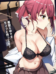 1girl absurdres breasts brown_skirt cleavage clothes_pull collarbone heterochromia highres hololive houshou_marine irroi large_breasts mixed-language_commentary navel pleated_skirt pulling_own_clothes red_eyes red_hair shirt shirt_pull skirt solo stomach sweat twintails undressing virtual_youtuber white_shirt yellow_eyes