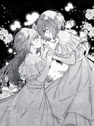 2girls bare_shoulders closed_mouth collarbone commentary dress eye_contact flower gakuen_idolmaster greyscale hataya_misuzu highres holding_hands idolmaster interlocked_fingers long_hair looking_at_another mole mole_under_mouth monochrome multiple_girls off-shoulder_dress off_shoulder short_hair smile subete_thankyou tsukimura_temari yuri