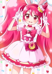 Rule 34 | 1girl, aisumi, animal ears, apron, blush, bow, choker, commentary request, cure whip, double v, dress, earrings, food, frilled dress, frills, fruit, gloves, hairband, hands up, jewelry, kirakira precure a la mode, long hair, looking at viewer, magical girl, open mouth, pink eyes, pink hair, pom pom (clothes), pom pom earrings, precure, rabbit ears, smile, solo, strawberry, striped background, twintails, usami ichika, v, very long hair