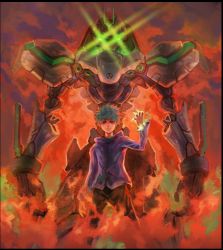 10s 1boy arm_up armor eureka_seven eureka_seven_(series) eureka_seven_ao fire fukai_ao glowing glowing_eyes green_eyes green_hair hicom3652 hood hooded_sweater hoodie letterboxed long_sleeves looking_at_viewer machinery male_focus matching_hair/eyes mecha pants robot short_hair smirk solo standing sweater