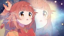 1girl akino_kaede autumn_leaves blunt_bangs blush bow bowtie capelet collared_capelet commentary_request derivative_work dot_nose eyelashes frown green_hat hair_ornament hat hat_on_back leaf leaf_hair_ornament light_particles looking_ahead magia_record:_mahou_shoujo_madoka_magica_gaiden magical_girl mahou_shoujo_madoka_magica mahou_shoujo_madoka_magica_magia_exedra medium_hair nervous_sweating open_mouth orange_capelet orange_eyes paru_rari red_bow red_bowtie red_hair screenshot_redraw solo space sweat tareme twitter_username two_side_up upper_body watermark witch_hat zoom_layer