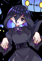 1girl black_background black_eyes black_hair blue_pupils chandelure chaoschao commentary_request creatures_(company) dress earrings game_freak gen_5_pokemon hair_between_eyes head_tilt hex_maniac_(pokemon) highres jewelry long_hair nail_polish neck_ribbon nintendo pokemon pokemon_(creature) pokemon_legends:_z-a purple_nails purple_ribbon raised_eyebrows ribbon signature teeth