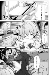 1boy 1girl blue_archive book box cardboard_box cup desk doodle_sensei_(blue_archive) drooling highres hoshino_(blue_archive) imminent_sleep_molestation isinose_(ilxodidli) mug pillow sensei_(blue_archive) sleeping zzz