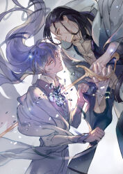 Rule 34 | 2boys, absurdres, angel wings, black hair, blue eyes, blue hair, cardcaptor sakura, chest jewel, chinese clothes, closed mouth, clothes grab, clow reed, coat, cowboy shot, dur (576863357), earrings, expressionless, eye contact, eyewear strap, feathered wings, floating hair, glasses, grey coat, hair over shoulder, hair slicked back, highres, holding, holding sword, holding weapon, impaled, jewelry, long hair, long sleeves, looking at another, looking down, looking up, low ponytail, male focus, multiple boys, open clothes, open coat, pince-nez, ponytail, profile, robe, shards, simple background, smile, stud earrings, sword, tangzhuang, upper body, very long hair, weapon, white background, white robe, white wings, wings, yellow eyes, yue (cardcaptor sakura)
