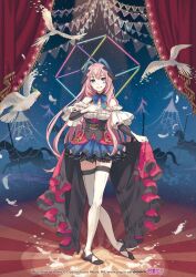 1girl artist_name banner bird blue_eyes commentary_request copyright_notice curtains curtsey detached_carousel_horse diamond_facial_mark dress facial_mark feathers full_body ixima logo looking_at_viewer magical_mirai_(vocaloid) magical_mirai_luka magical_mirai_luka_(2019) megurine_luka official_art pink_hair pleated_skirt second-party_source shoes skirt skirt_hold solo standing thighhighs vocaloid white_thighhighs