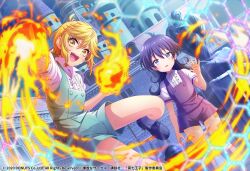 1boy 1girl absurdres aqua_overalls aqua_shorts blonde_hair blue_eyes blue_hair blue_shorts blush cosplay crossover d4dj fire hand_up highres lloyd_de_saloum lloyd_de_saloum_(cosplay) long_hair looking_at_viewer official_art open_mouth overalls puffy_short_sleeves puffy_sleeves shirt short_hair short_sleeves shorts tensei_shitara_dai_nana_oji_datta_no_de:_kimama_ni_majutsu_o_kiwamemasu third-party_source trap tsukimiyama_nagisa white_shirt yellow_eyes