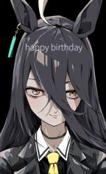 1girl absurdres ahoge animal_ears black_background black_choker black_coat black_skirt choker closed_mouth coat collared_shirt ear_tag earrings hair_between_eyes happy_birthday highres horse_ears horse_girl jewelry long_hair_between_eyes manhattan_cafe_(umamusume) multicolored_hair necktie ringring_(artist) shirt simple_background single_earring skirt smile solo umamusume white_hair yellow_eyes yellow_necktie