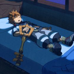 1boy black_pants black_shirt blonde_hair closed_eyes commentary_request dated full_body highres holding holding_weapon indoors jacket keyblade kingdom_hearts kingdom_hearts_birth_by_sleep lying male_focus multicolored_jacket multicolored_shoes night on_back on_bed open_mouth pants puffy_pants shirt short_hair short_sleeves signature skyloop19 sleeping solo spiked_hair ventus_(kingdom_hearts) weapon window_shadow wristband