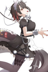 1girl absurdres black_hair black_pantyhose breasts candy colored_inner_hair commentary ellen_joe fang feet_out_of_frame fins fish_tail food frilled_wristband from_side highres jagili_noe large_breasts lollipop lollipop_in_mouth looking_at_viewer looking_to_the_side maid_headdress multicolored_hair pantyhose red_eyes red_hair shark_girl shark_tail short_hair sideways_glance simple_background solo tail white_background zenless_zone_zero