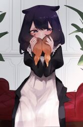 1girl absurdres alternate_costume apron black_dress blush cosplay dress enmaided grabbing_own_hair gradient_hair highres hololive hololive_english indoors maid maid_apron mole mole_under_eye multicolored_hair ninomae_ina&#039;nis orange_hair ouro_kronii ouro_kronii_(cosplay) ouro_kronii_(maid) plant purple_eyes purple_hair solo tentacle_hair uve virtual_youtuber white_apron
