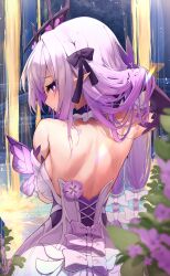 1girl absurdres arm_up back backless_dress backless_outfit bare_shoulders black_tiara blush breasts bright_pupils bug butterfly butterfly_earrings butterfly_ornament castorice_(honkai:_star_rail) dress earrings flower flower_ornament gloves hair_lift hands_in_own_hair highres honkai:_star_rail honkai_(series) insect jewelry large_breasts long_hair looking_at_viewer looking_back outdoors pointy_ears purple_butterfly purple_eyes purple_flower purple_gloves purple_hair shumai_il solo strapless strapless_dress tiara white_dress white_pupils