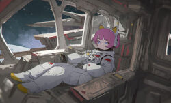 1girl animal_ear_headphones animal_ears astronaut bespin blue_eyes blush cat_ear_headphones cockpit commentary_request fake_animal_ears from_side full_body headphones light_smile looking_at_viewer original paid_reward_available pilot purple_hair science_fiction short_hair sideways_glance sitting solo space spacecraft spacesuit twitter_username window