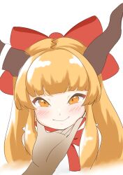 1girl 1other absurdres blonde_hair blunt_bangs blush bow brown_horns closed_mouth commentary_request derivative_work fang hair_bow hand_on_another&#039;s_chin highres horns ibuki_suika kurohiba long_hair looking_at_viewer orange_eyes papitrace red_bow simple_background smile solo_focus thick_eyebrows touhou upper_body v-shaped_eyebrows white_background
