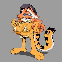 1girl beret bikini black_hat breasts commentary eating english_commentary food food_in_mouth french_fries full_body furry furry_female garfield garfield_(character) goggles gold_bikini grey_background grin half-closed_eyes hand_on_own_hip hat highres holding holding_food hololive hololive_english large_breasts looking_at_viewer multicolored_hair orange_fur orange_hair panther_tail peagade pizza raora_panthera raora_panthera_(1st_costume) side-tie_bikini_bottom simple_background smile standing streaked_hair swimsuit tail virtual_youtuber white_hair